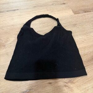 Justify Womens Black Ribbed Halter Top V-Neck Cropped Tank Large RN 123271